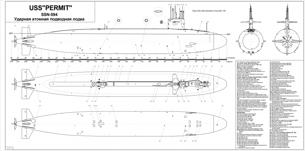 Чертеж USS "PERMIT" SSN-594 Ударная атомная подводная лодка