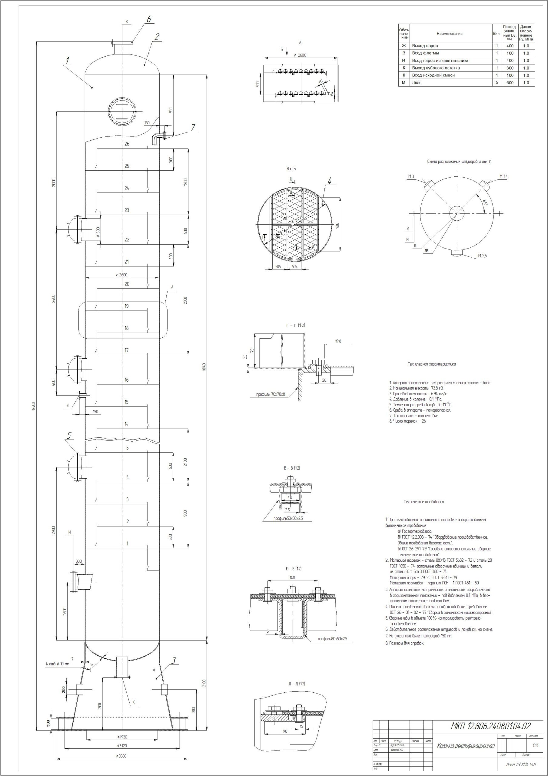 Чертеж Ректификационная колонна производительность по продукту Р = 120 т/сутки