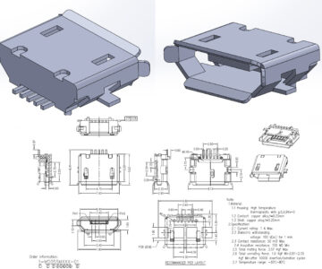 3D модель 3D модель micro USB разъема типа 1-MD05SM с удлиненными выводами.