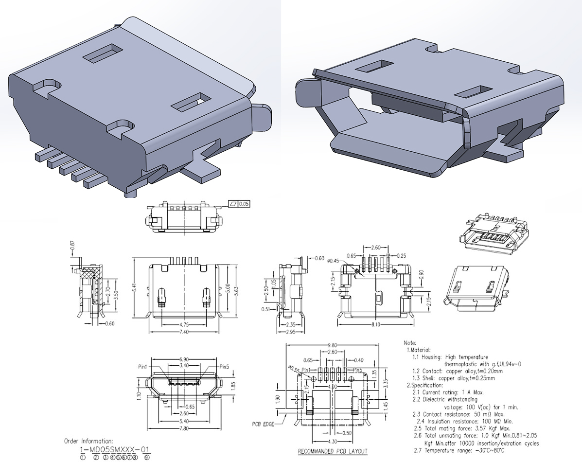 3D модель 3D модель micro USB разъема типа 1-MD05SM с удлиненными выводами.