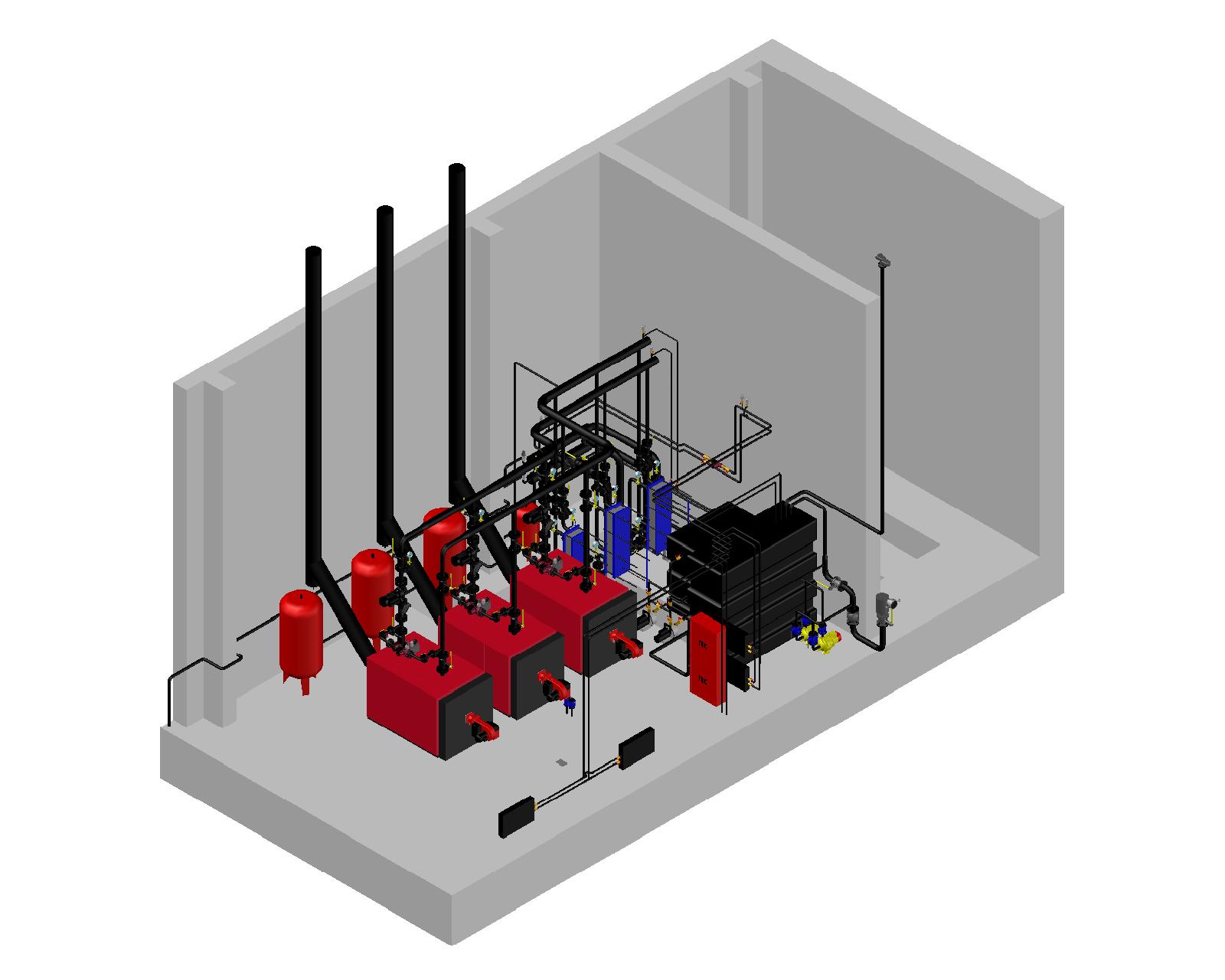 3D модель 3d-модель котельной с тремя котлами Riello RTQ 418