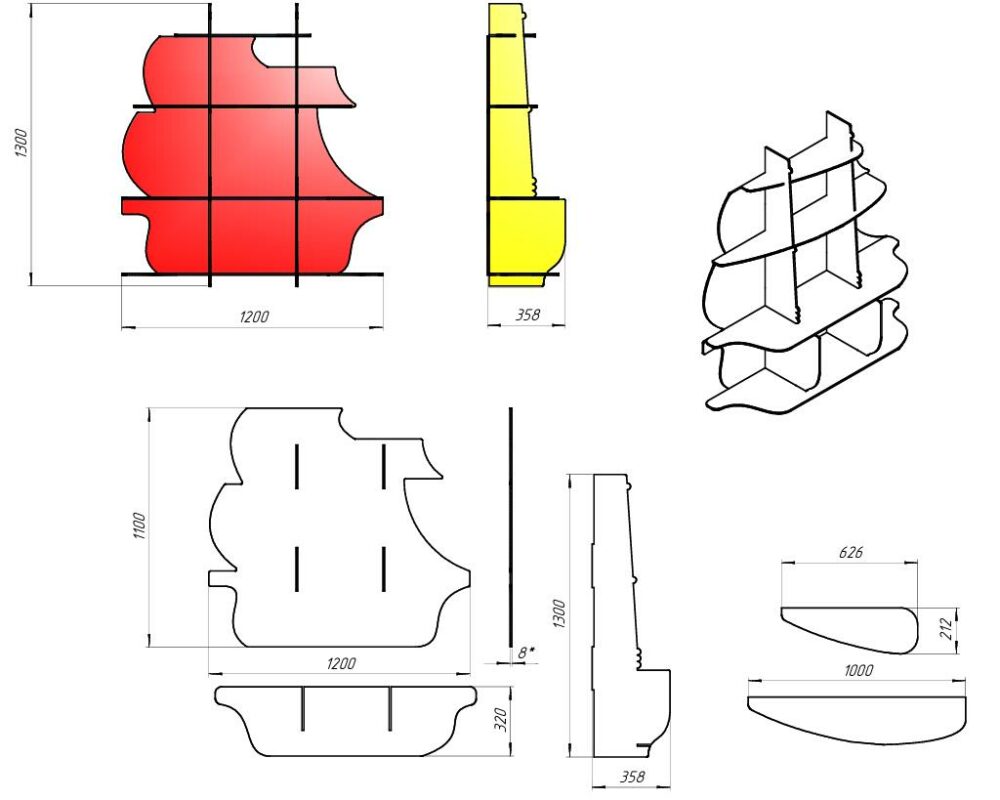 3D модель Полка в детскую в виде кораблика из фанеры.