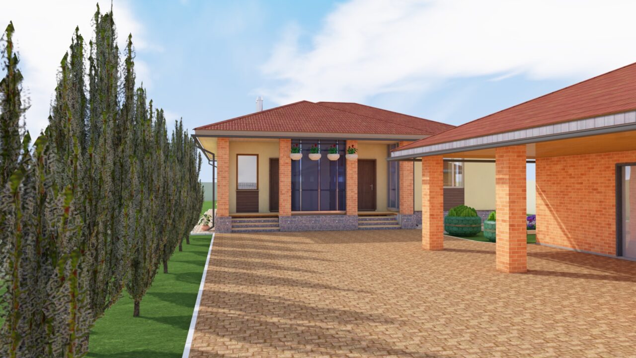 3D модель Дом коттедж 1 этаж с баней и гаражом на территории