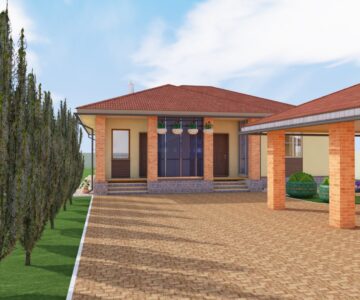 3D модель Дом коттедж 1 этаж с баней и гаражом на территории