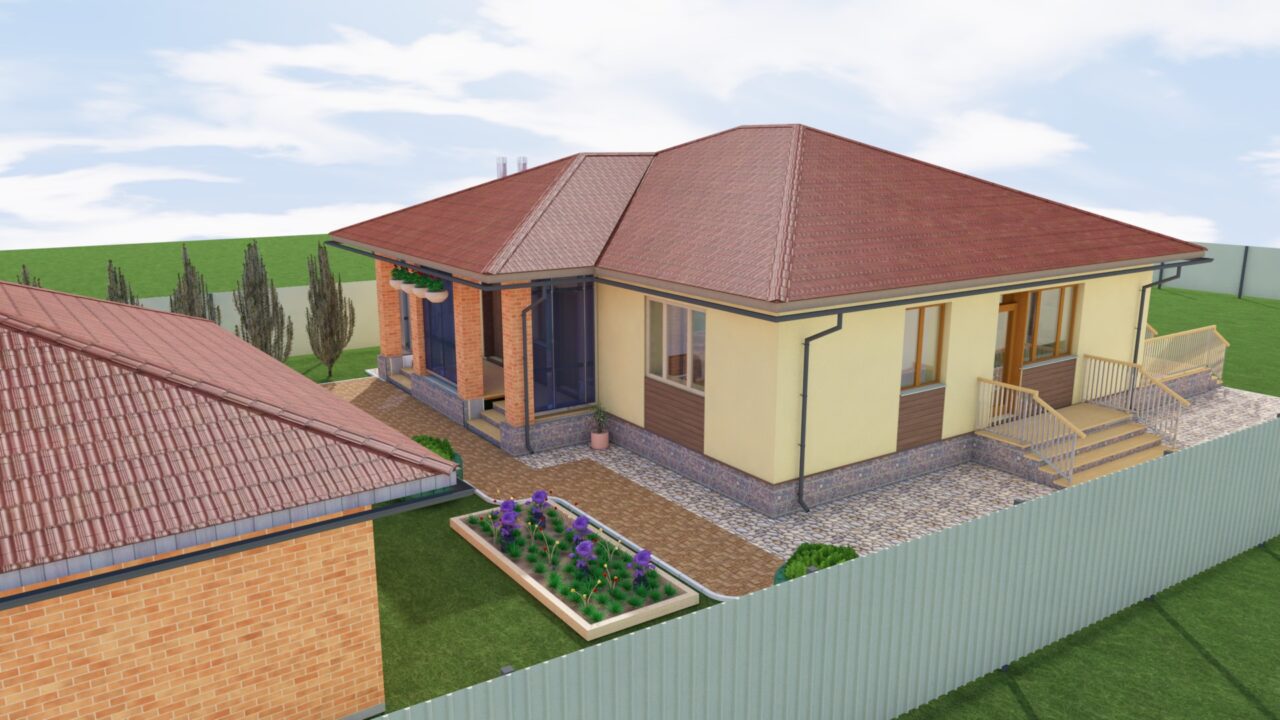 3D модель Дом коттедж 1 этаж с баней и гаражом на территории