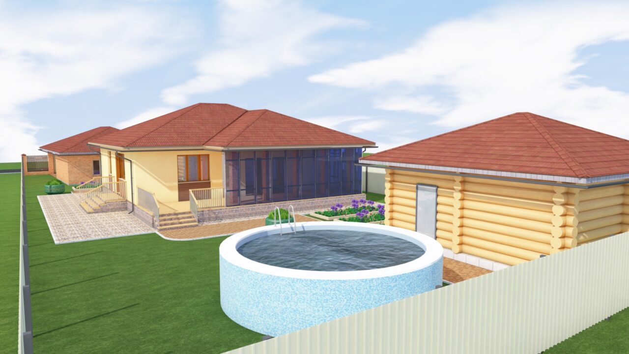 3D модель Дом коттедж 1 этаж с баней и гаражом на территории