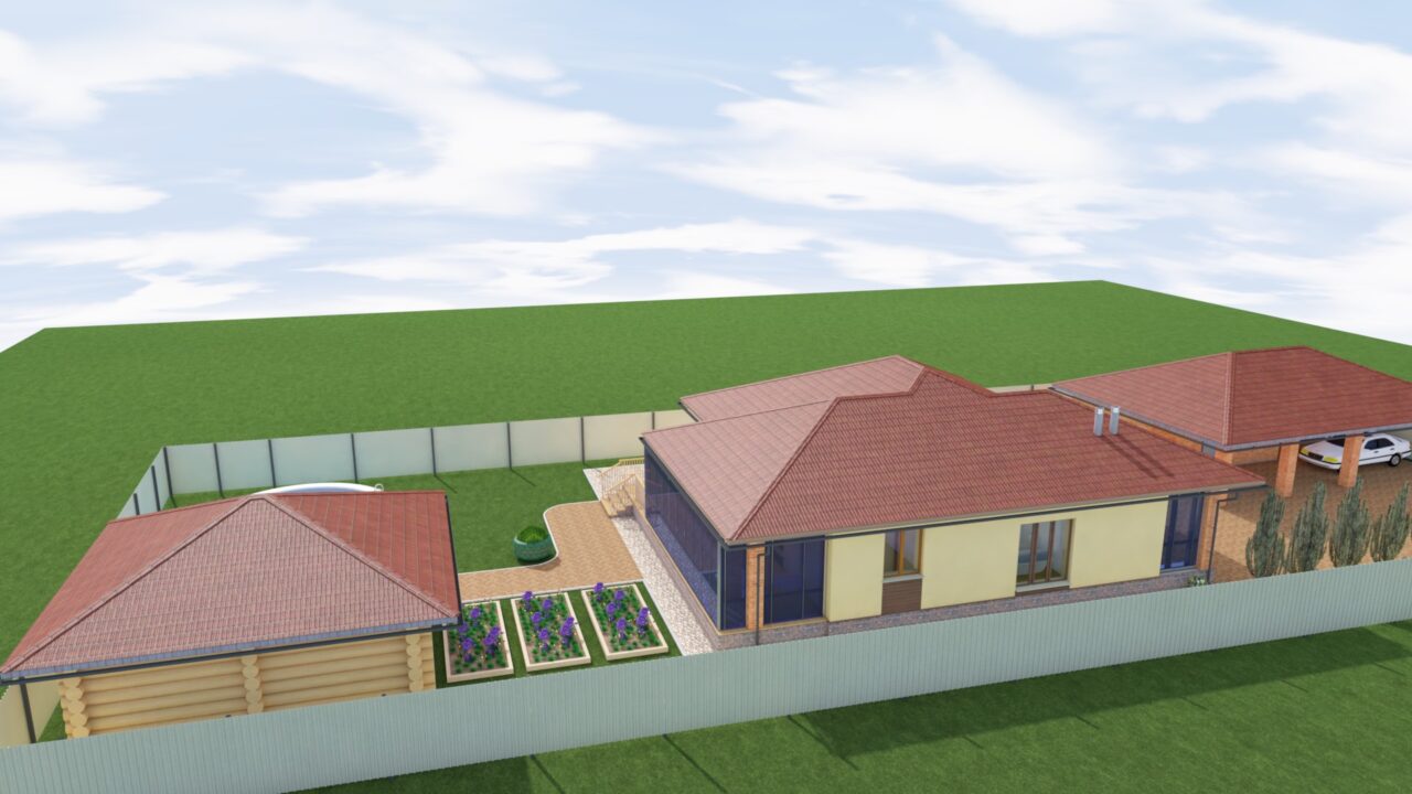 3D модель Дом коттедж 1 этаж с баней и гаражом на территории