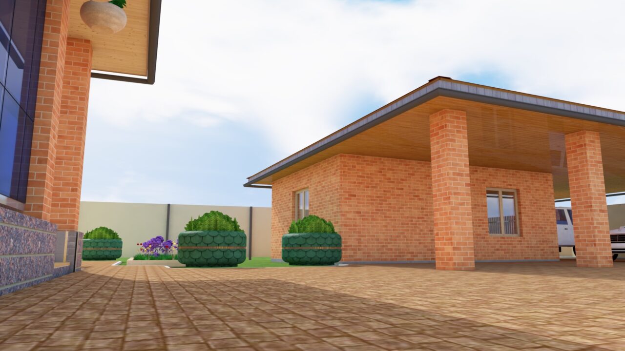 3D модель Дом коттедж 1 этаж с баней и гаражом на территории