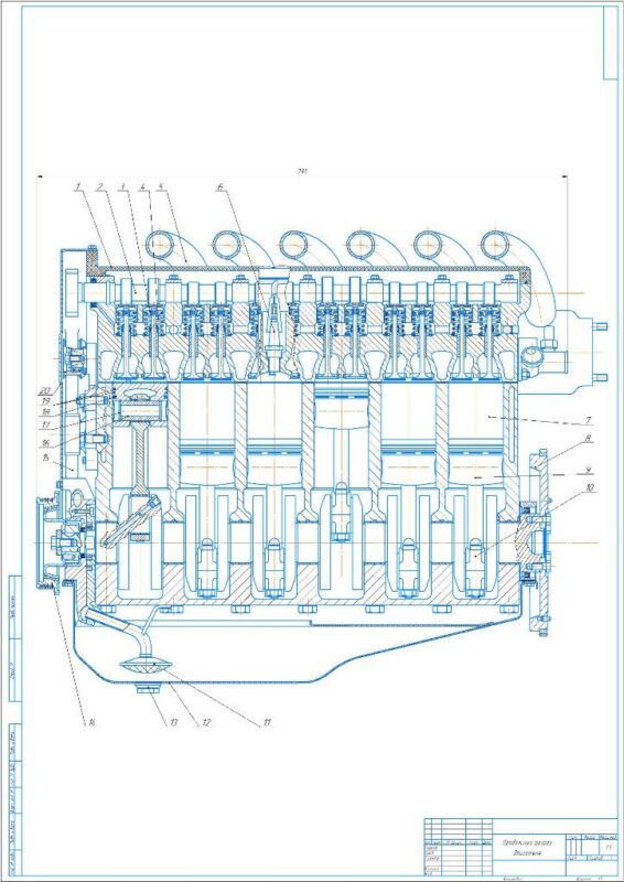 Чертеж Поперечный и продольный разрез двигателя Ford I8000 (номинальная мощность 130 кВт)