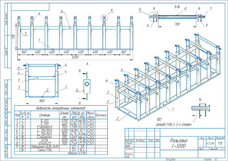 3D модель Рольганг конвейерный с регулируемой высотой 900×3200 мм
