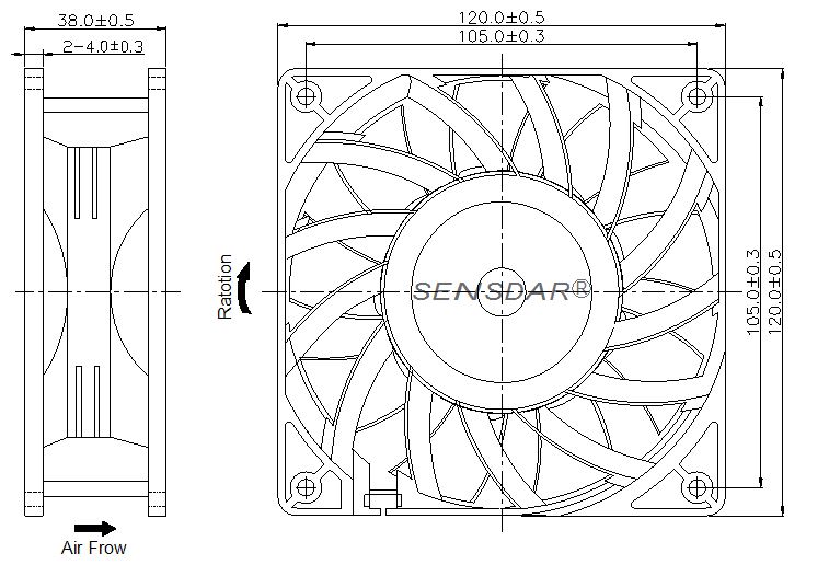 3D модель Вентилятор SG1238M4S 48В DC, 120х120х38 мм, подшипник скольжения, sensdar