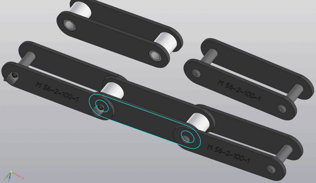 3D модель Тяговая пластинчатая цепь М56 с шагом 100 мм.