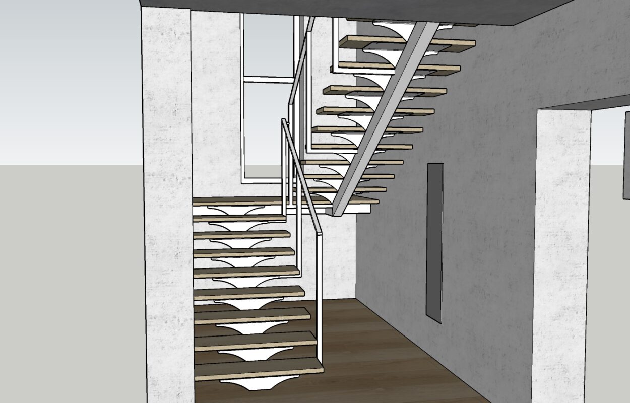 3D модель Лестница П-образная на одном косоуре со ступенями из листа 6 мм