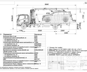 Чертеж Эвакуатор с КМУ ИМ175 FAW 4x2 Tiger5 5300 + сдвижная платформа 6250х2500