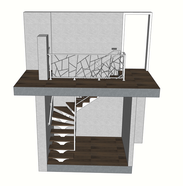 3D модель Лестница Г-образная на одном косоуре с ограждениями