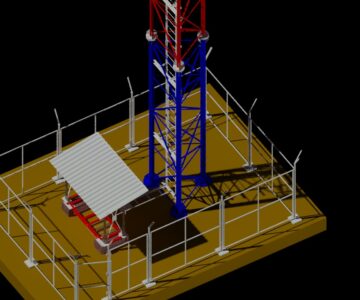 3D модель Модель трёхгранной трубчатой мачты с молниеотводом и ограждением для оборудования мобильной связи