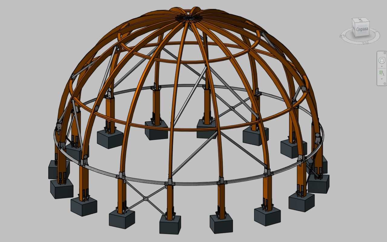 3D модель Расчет каркаса ребристого деревянного купола диаметром 21м