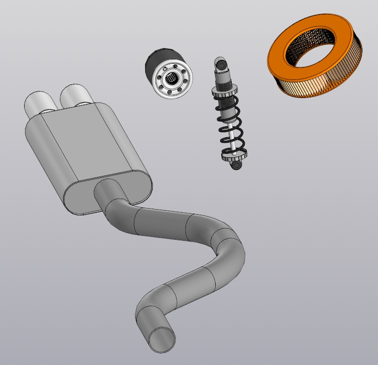3D модель 4 модели (глушитель, амортизатор, масляный и воздушный фильтры авто) для 3д гравировки в стекле