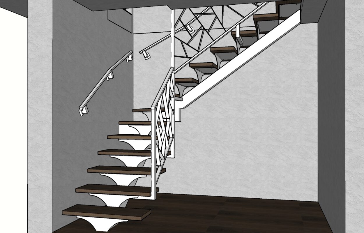 3D модель Лестница Г-образная на одном косоуре с ограждениями