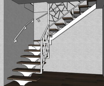 3D модель Лестница Г-образная на одном косоуре с ограждениями