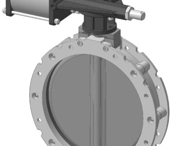 3D модель 3D-модель дискового поворотного затвора VFS350TN в сборе с пневмоприводом и датчиком положения
