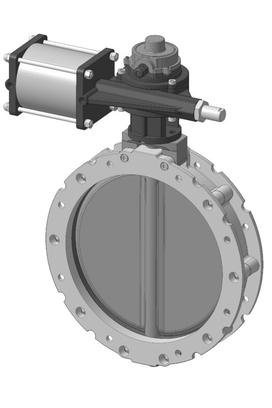 3D модель 3D-модель дискового поворотного затвора VFS350TN в сборе с пневмоприводом и датчиком положения