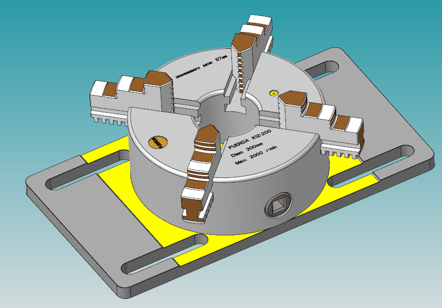 3D модель 4-х кулачковый токарный патрон FUERDA K12-200 на плите для фрезерного стола