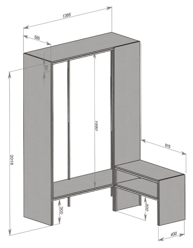 Чертеж Прихожая 2000х1350х500 мм с приставной полкой 800х540х400 мм