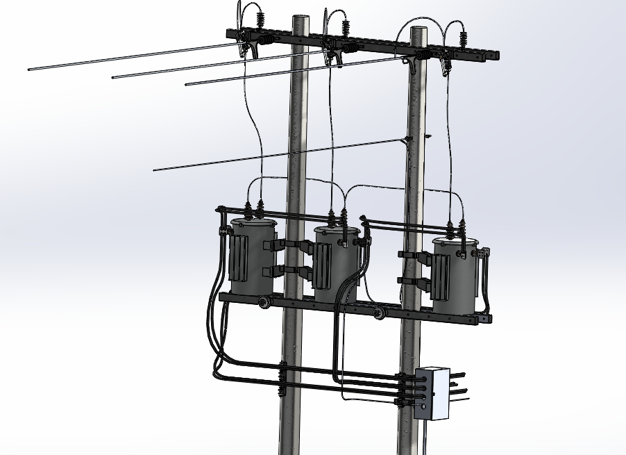 3D модель Группа из трех трансформаторов мощностью 100 кВА и их компоненты.