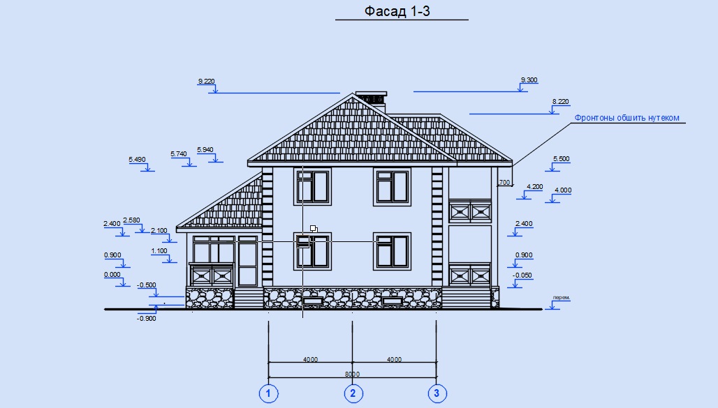 Чертеж Рабочий проект двухэтажного индивидуального жилого дома с размерами в осях 8х10 м