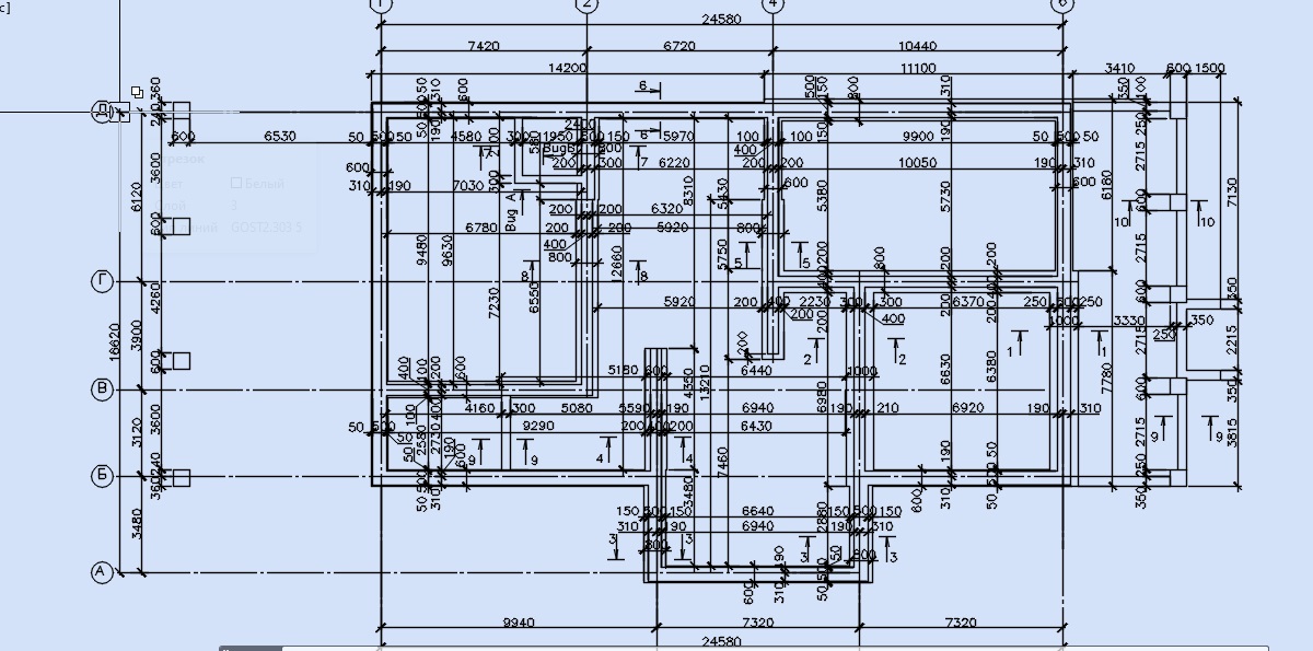 Чертеж Рабочий проект одноквартирного жилого дома с размерами в осях 24.580х16.620