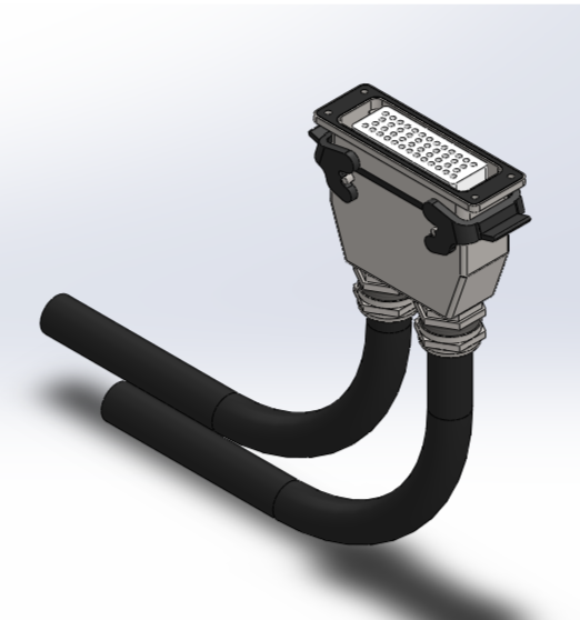 3D модель Промышленный разъем на 46 контактов с двумя вводами М32 под выход кабеля в металлорукаве