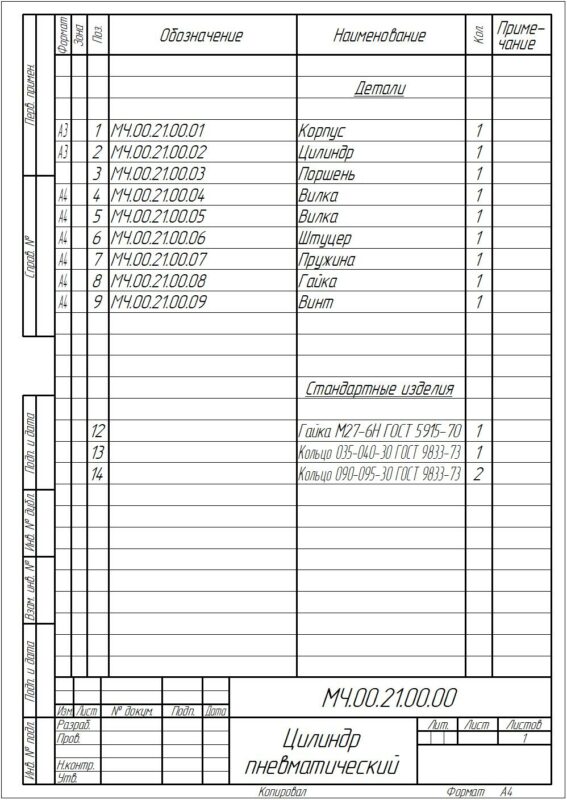 Чертеж Цилиндр пневматический МЧ.00.21.00.00 Компас 3D и 2D