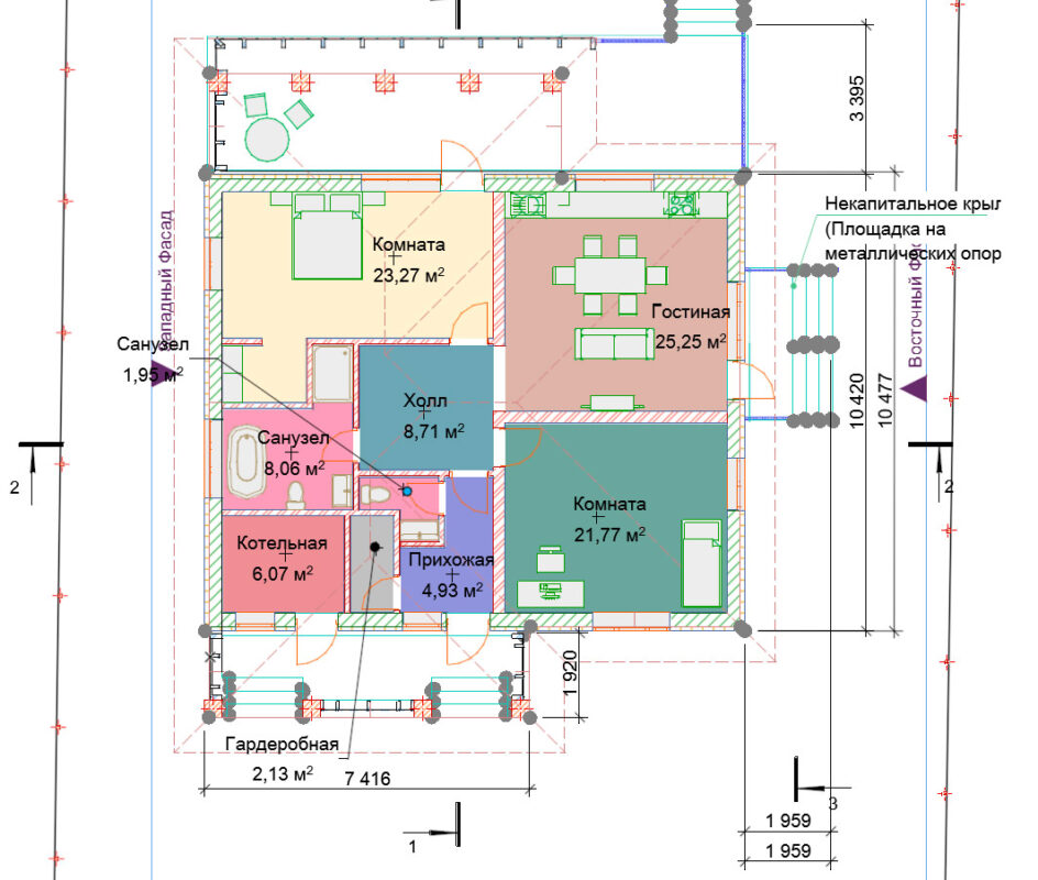 3D модель Дом коттедж 1 этаж с баней и гаражом на территории