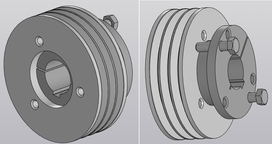 3D модель Шкив ф140 мм с конусной преходной втулкой на вал ф38мм