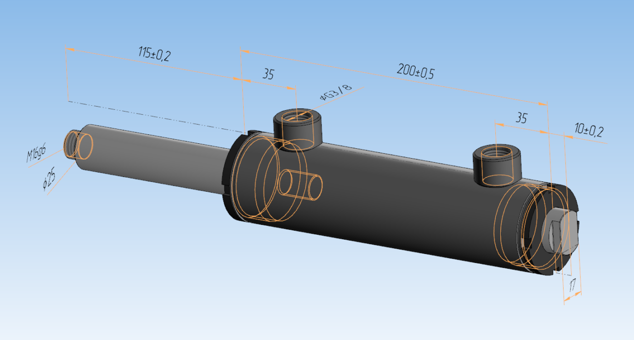 3D модель Гидравлический цилиндр 40-25-100 с двухсторонним штоком