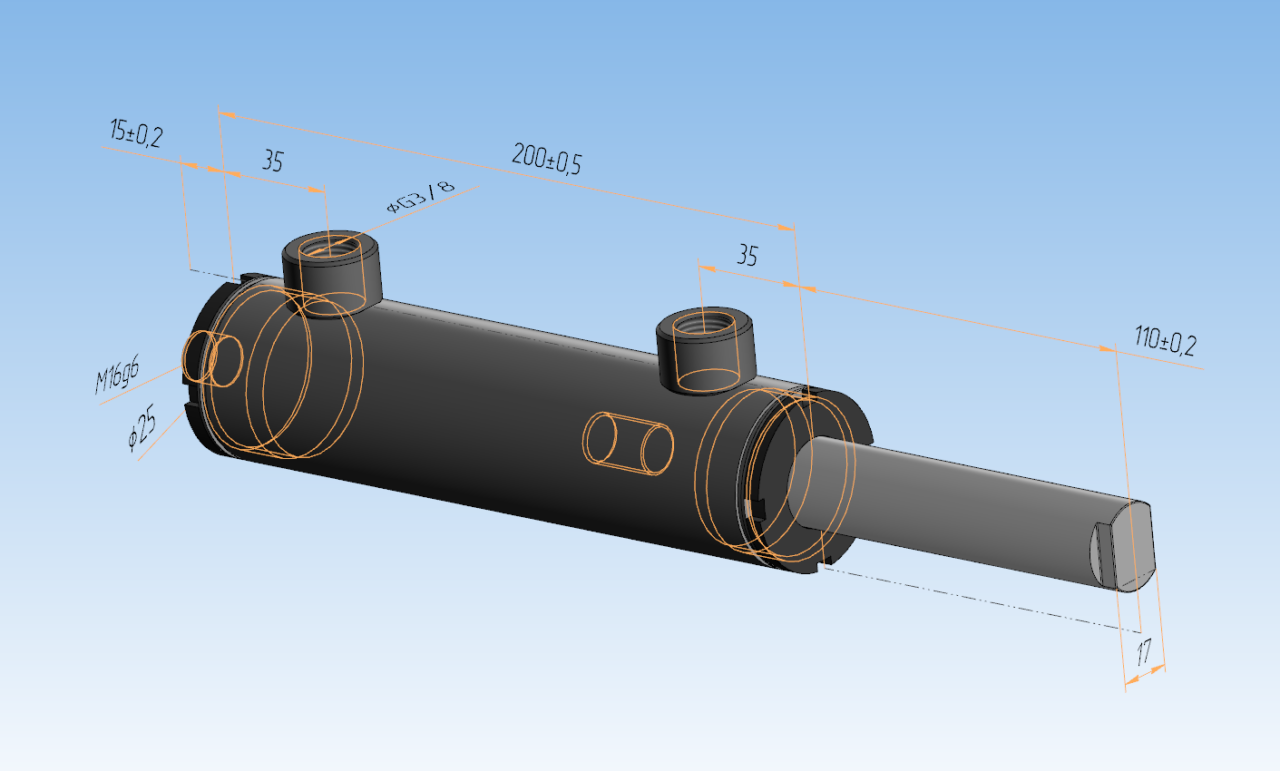 3D модель Гидравлический цилиндр 40-25-100 с двухсторонним штоком