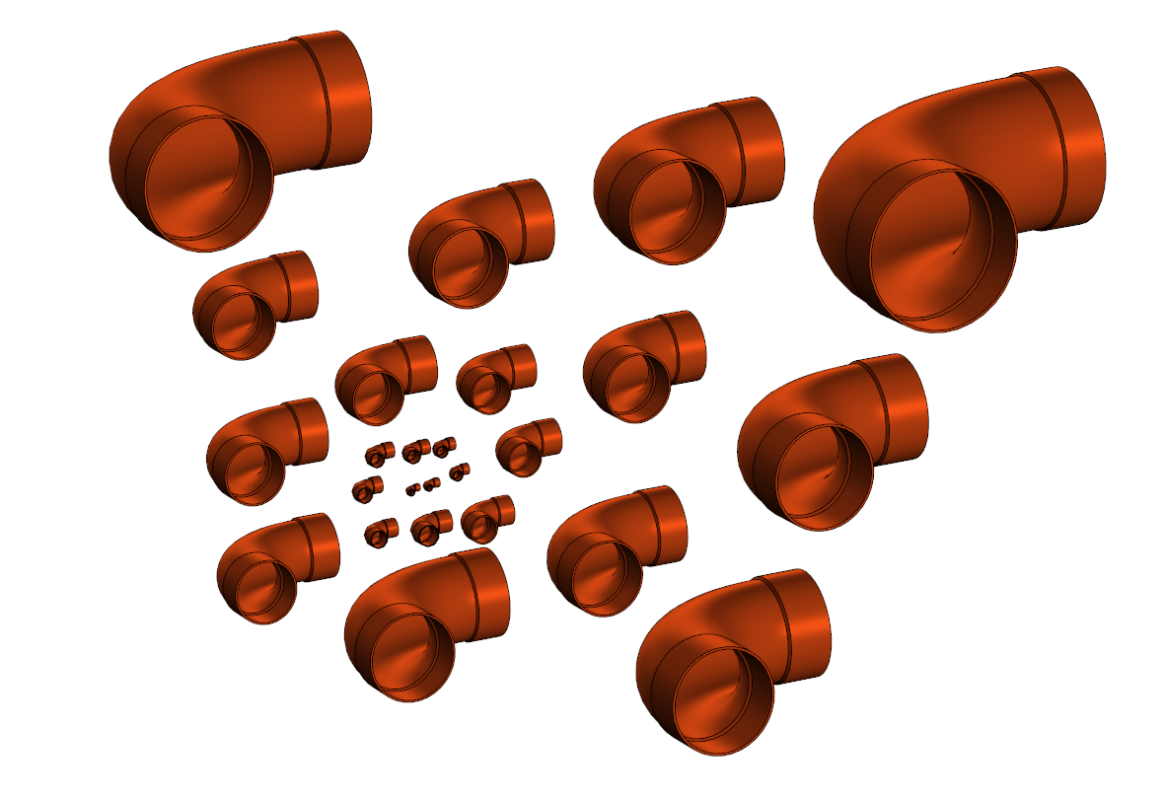 3D модель Отвод медный, 90 градусов, DIN EN 1254, Серия 5002A. DN-6...159