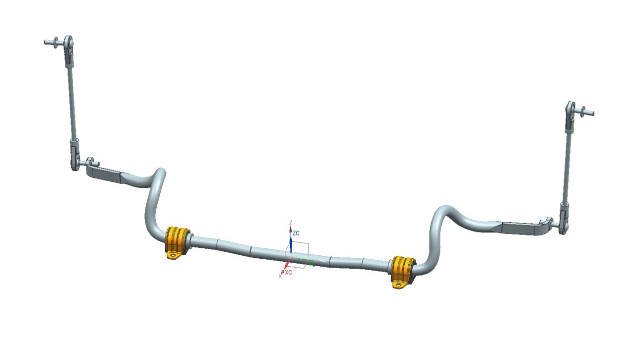 3D модель Передний стабилизатор поперечной устойчивости автомобиля Geely Coolray (BelGee X50) в сборе с втулками и стойками стабилизатора