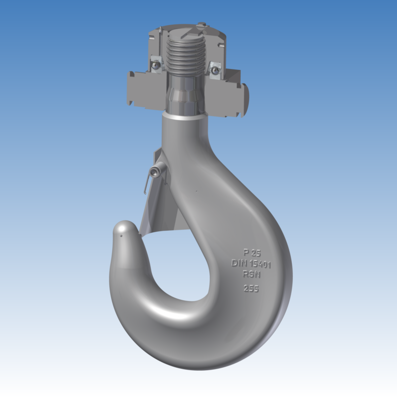 3D модель Подвеска (подвес крюка) CFN25-P по DIN 15411 и крюк однорогий III-P-25-N ГОСТ 34680