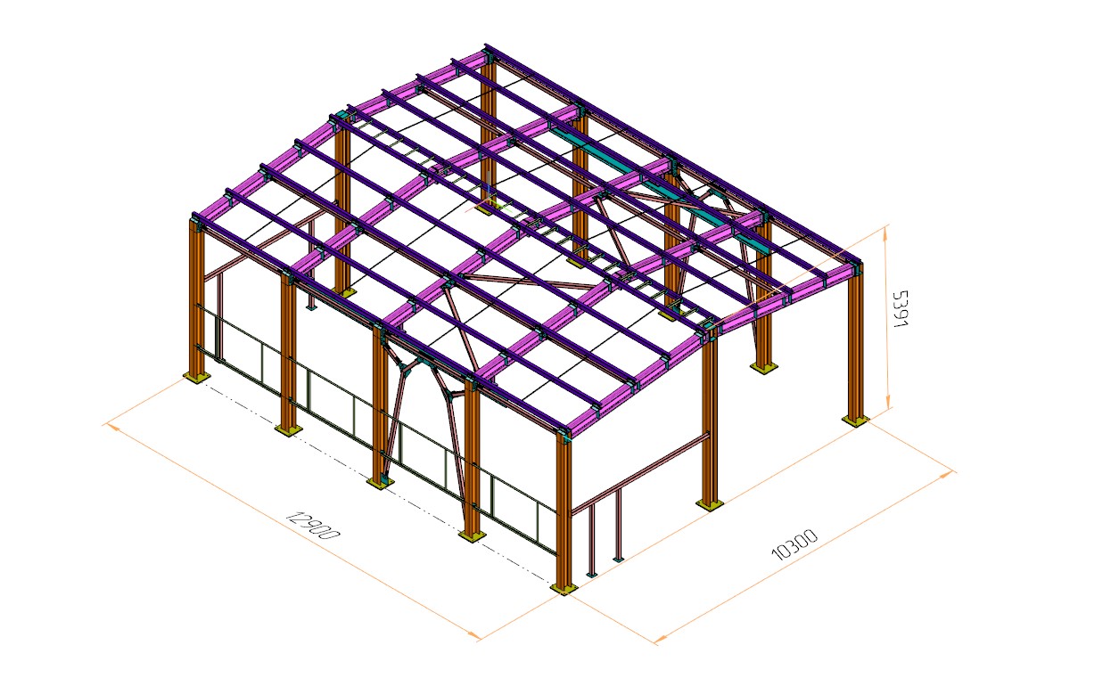 3D модель Металлокаркас промышленного здания  в плане 12.9х10.3 м