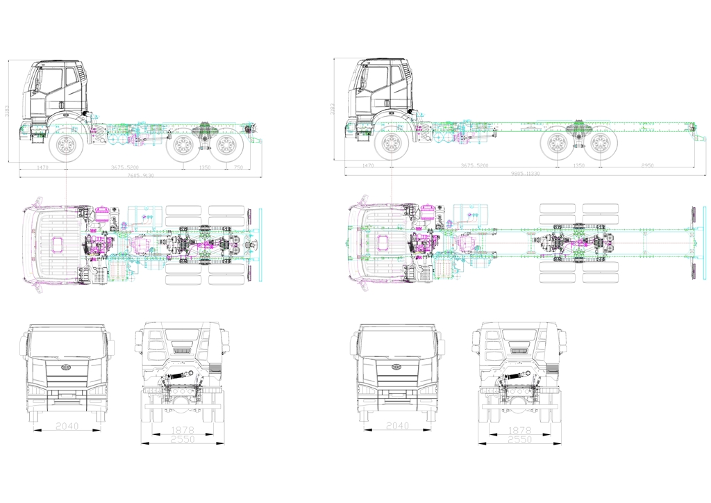 Чертеж Габаритная чертеж шасси FAW 6х6