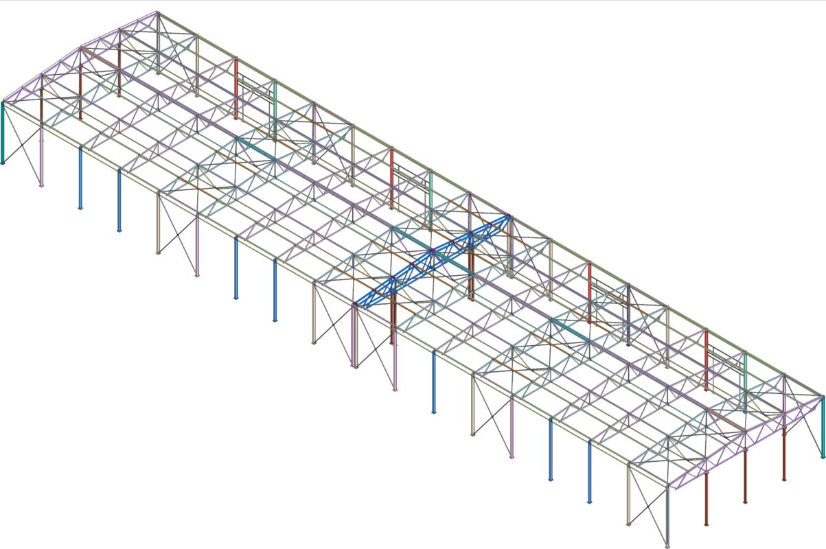 3D модель Металлический каркас теплого ангара 24х102м (54+48), высота внутренняя - 7м