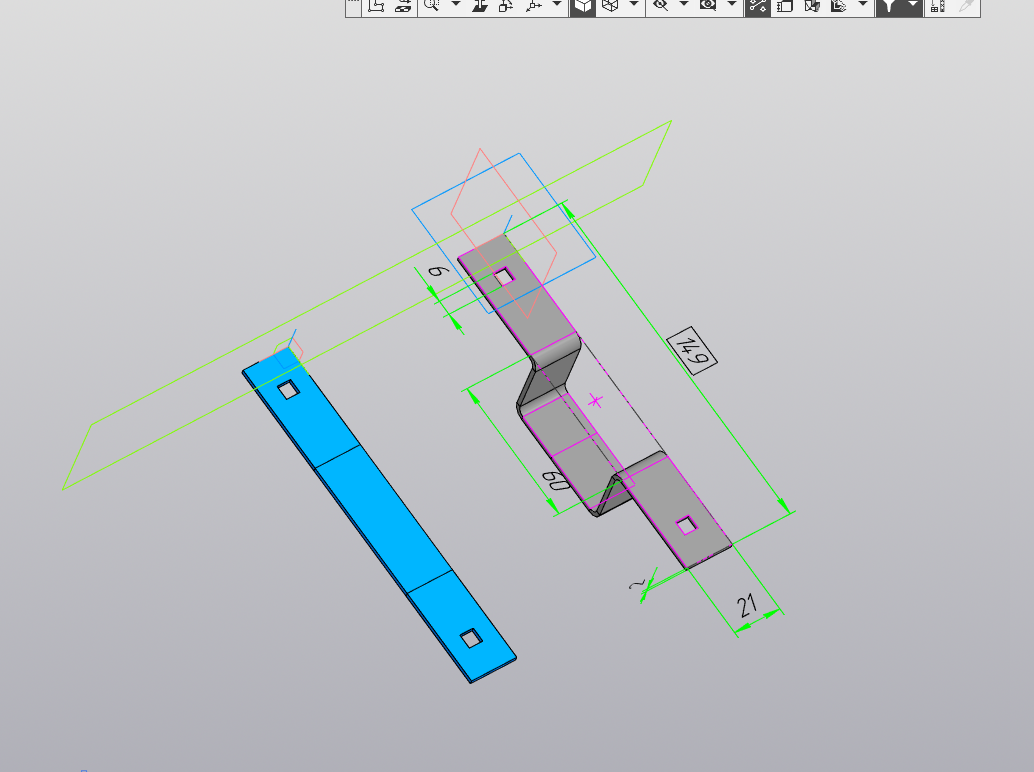 3D модель Последовательный штамп для детали "Кронштейн прямой" (формовка, пробивка и вырубка)