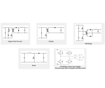Чертеж Схемы преобразователей с топологией Half-bridge, Flyback, Single-switch forward, Boost+Full Bridge Inverter