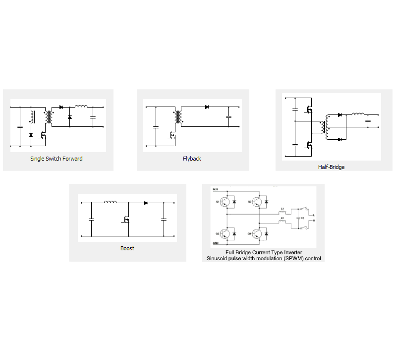 Чертеж Схемы преобразователей с топологией Half-bridge, Flyback, Single-switch forward, Boost+Full Bridge Inverter
