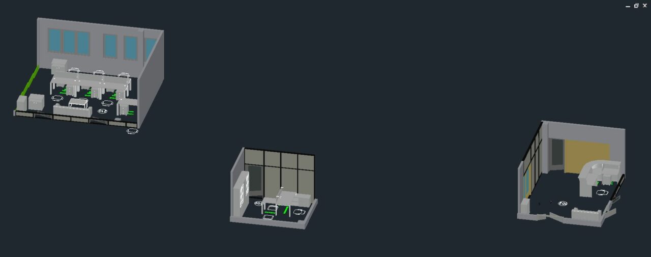 3D модель Обустройство офисных помещений (кабинет руководителя, рабочая зона, зона ресепшен)