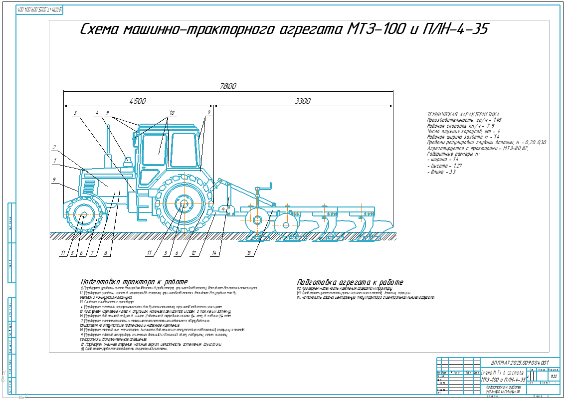 Чертеж Дипломный проект. Подготовка к работе МТЗ-100 и плуг ПЛН-4-35