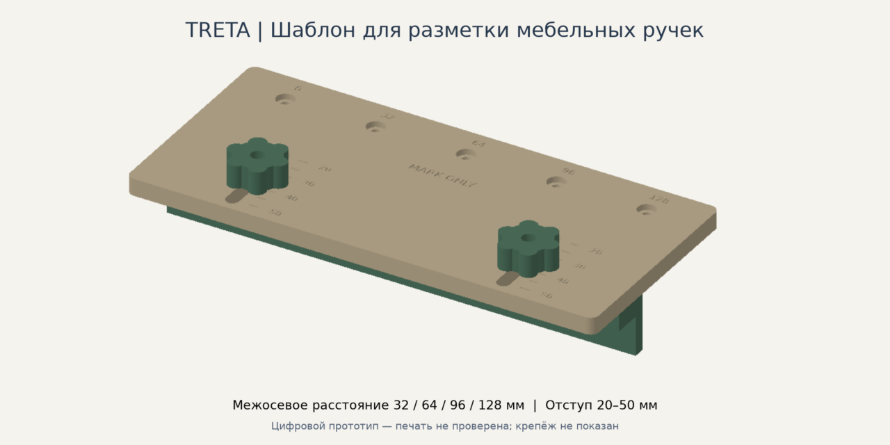 3D модель Регулируемый шаблон для разметки мебельных ручек с шагом 32 мм